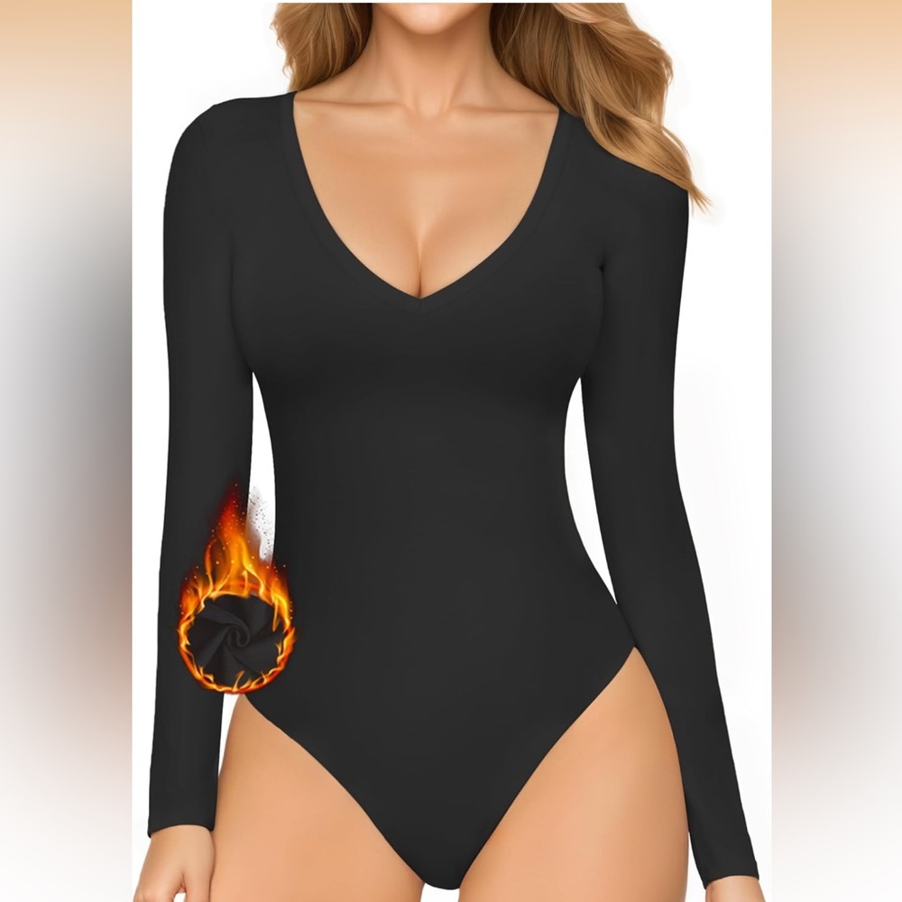 Black Long Sleeve Thick V Neck Bodysuit